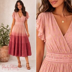 Sweet Magnolia Pink Ombre Boho Midi Dress Gold Foil Detail Size XL NWT